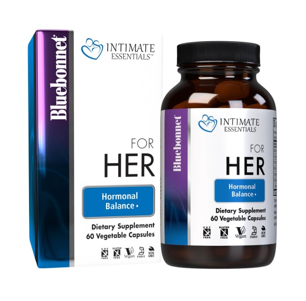 Bluebonnet’s Intimate Essentials® For Her Hormonal Balance 60 pill count bottle comes in box